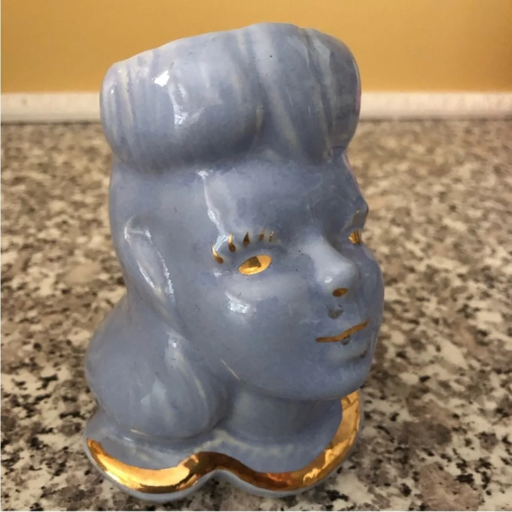 Vase glamour girl head planter lady blue gold ceramic pastel Vintage 1950s - Picture 4 of 8